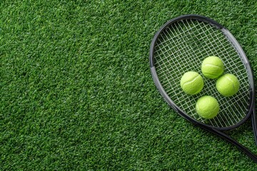 Tennis racket placed beside bright tennis balls on lush green synthetic grass at a sports facility during an afternoon practice session