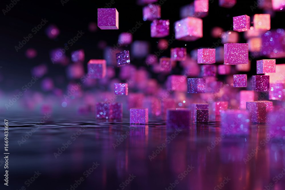 Poster a computer generated image of pink cubes floating in the air