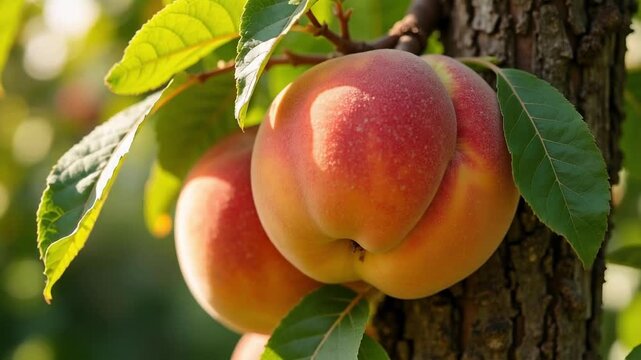 Juicy ripe peaches bask in warm sunlight, hanging heavy on lush green tree branches, a vibrant display of nature's bounty in stunning 4k video.
