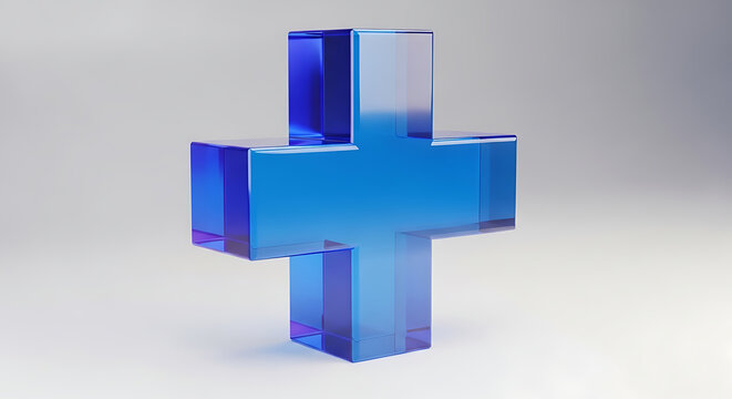 Transparent blue cross symbol rendered in 3D with a clean background for design