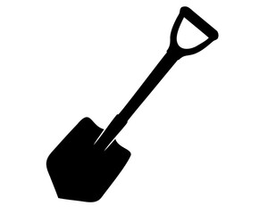 A solitary silhouette of a spade tool set against a white background