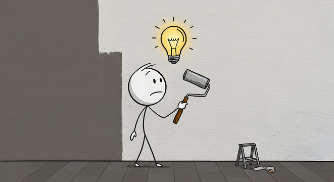 Stick Figure Painting Wall, Idea Lightbulb Appears. Home Renovation, Problem Solving & Creative Solution Concept.