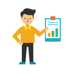 Man presenting a bar chart on a clipboard presentation