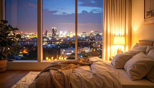 Cozy bedroom with city night skyline view and warm lamp light for buenas noches atmosphere