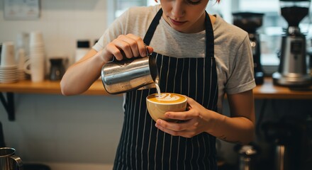 Barista pouring milk into coffee cup