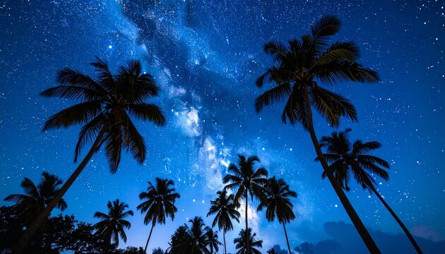 Starry tropical night sky with palm silhouettes in a dreamy buenas noches scene