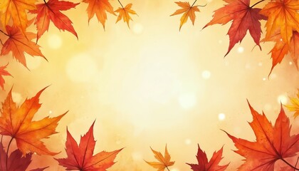 Watercolor illustration features autumn maple leaves in warm orange, red, and yellow hues. Soft, glowing bokeh lights create a dreamy, textured background perfect for cards, posters, or digital art.
