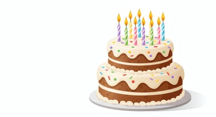 A beautifully decorated two-tier chocolate birthday cake with colorful sprinkles and ten lit candles, perfect for any festive celebration or special occasion