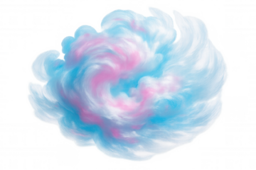 Colorful cotton candy swirling with pink and blue hues creates a sweet and fluffy visual on a transparent background