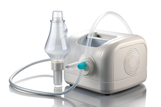 Realistic white nebulizer machine and mouthpiece isolated on a neutral background for medical use transparent background