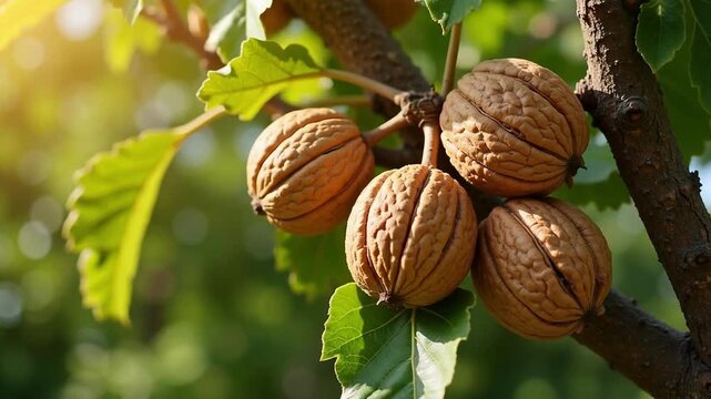 Heavy walnuts hang ripe on orchard tree branches, bathed in warm daylight, perfect for harvest and food content.