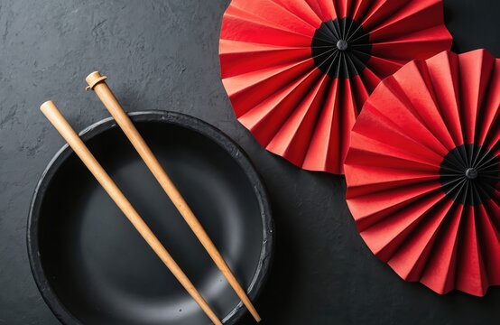 Red paper fans, black slate plates, wooden chopsticks arranged on dark textured table. Minimalist, elegant setting with Japanese or Chinese dining elements. Includes bamboo accent, oriental decor.