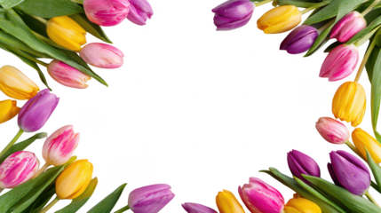 Colorful Tulip Blossom Fruit Floral Border on Transparent Background