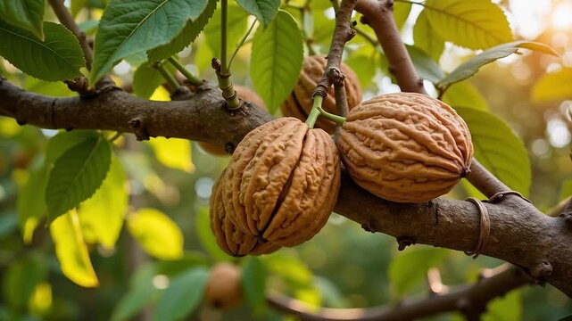 Juicy walnuts ripen on tall tree branches bathed in warm, golden sunlight, showcasing natural abundance and healthy growth in stunning 4k video.