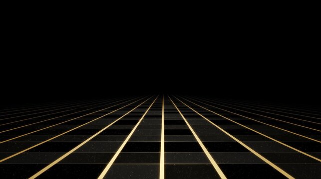 A perspective grid with golden grid lines in a retro-futuristic style for virtual reality or game design. Endless way. Video game. Diagonal