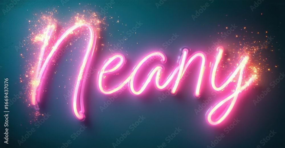 Aufkleber bright pink neon script text reads neany against teal background. sparkles enhance luminous letterin