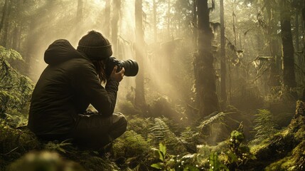 A photographer crouches in a dense, sunlit forest, capturing a photograph of the natural environment.