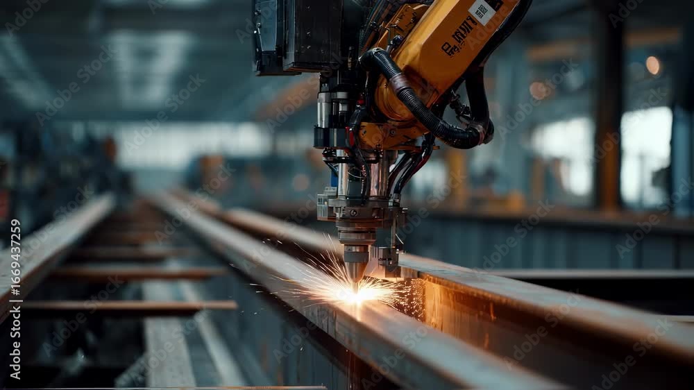 Poster close medium shot capturing a cabledriven robotic system applying fireresistant coating on steel bea