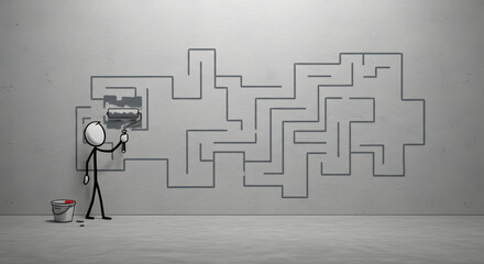 Stick Figure Painting Intricate Maze on Wall: Challenge, Strategy & Problem Solving Concept