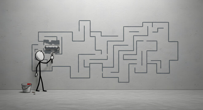 Stick Figure Painting Intricate Maze on Wall: Challenge, Strategy & Problem Solving Concept