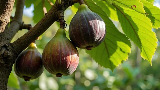 Lush ripe figs bursting with natural sweetness hang vibrantly on healthy tree branches, showcasing nature's bounty in stunning 4K detail.