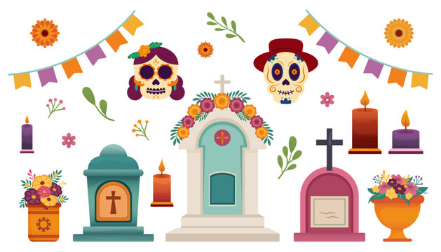 Festive elements like calaveras, flowers, and altars honor the dead for Dia de Muertos.