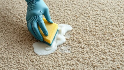 Hand in blue glove cleaning carpet with yellow sponge and foam