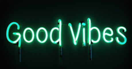 Bright turquoise neon sign displays Good Vibes against dark background. Simple lettering creates positive atmosphere.