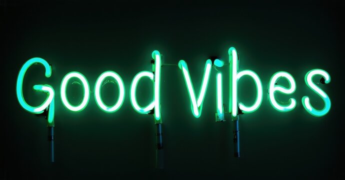 Bright turquoise neon sign displays Good Vibes against dark background. Simple lettering creates positive atmosphere.