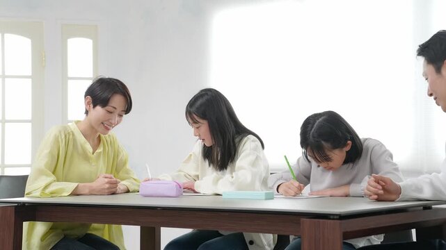 studying, homework, child, elementary school student, learning, kid, parent and child, girl, free school, family, tutoring, cram school, exam, teach, education, instruction, notebook, indoors, living 