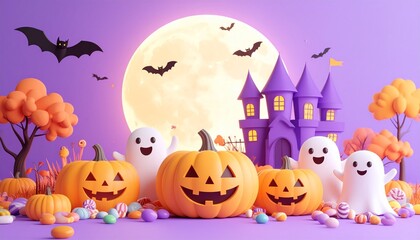 Cute Halloween background with smiling pumpkins