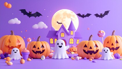 Cute Halloween background with smiling pumpkins