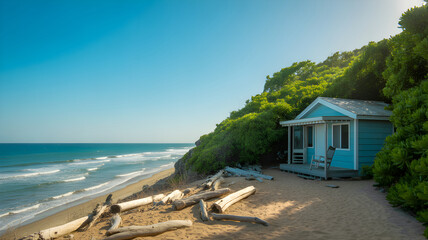 Obraz premium Small blue beach cabin nestled on a lush green hillside overlooking the ocean