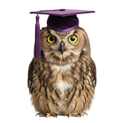 Naklejka premium A wise and adorable great horned owl wearing a purple graduation cap symbolizing knowledge and academic achievement isolated on transparent background