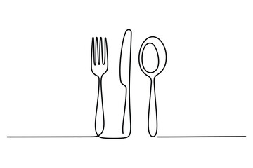 Minimalist single line drawing of a fork knife and spoon arranged vertically on a white background representing dining and eating