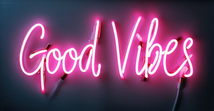 Bright pink neon sign displays Good Vibes against dark background. Simple lettering creates positive atmosphere. Modern aesthetic.