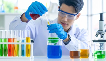 Scientist mixing chemicals in lab with safety gear and glassware.