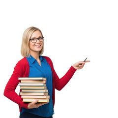 Smiling young woman wearing glasses holding a stack of books and pointing to the side isolated on transparent background