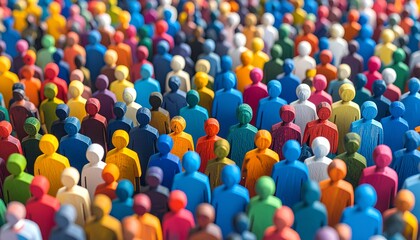 Multicolored human figurines grouped on white surface.