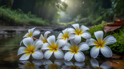 White plumeria flowers floating on a serene forest stream