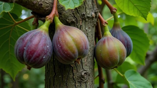 Vibrant plump figs hang beautifully on healthy tree branches, showcasing natural abundance and delicious fruit in stunning 4k video footage.