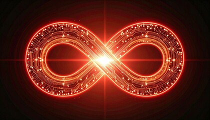 Glowing red infinity symbol with circuit pattern on dark background.