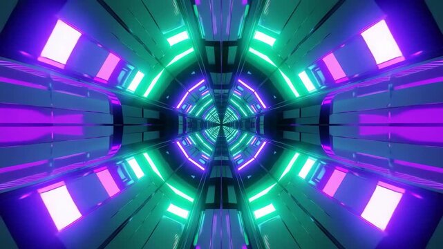 Futuristic neon tunnel with glowing geometric patterns seamless loop animation, ideal for sci-fi motion graphics, EDM visuals, and digital technology backgrounds