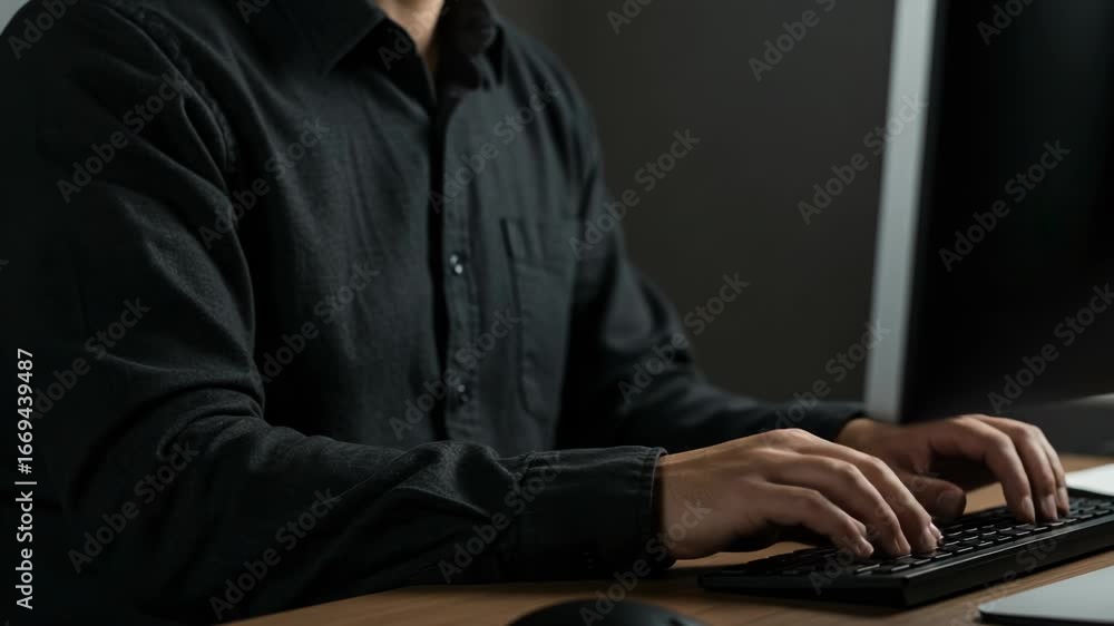 Poster closeup of a mans hands typing on a computer keyboard, focused on his work in a modern office settin