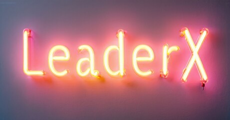 Bright neon sign displays LeaderX. Orange glow illuminates wall. Simple design, modern aesthetic, impactful branding element.