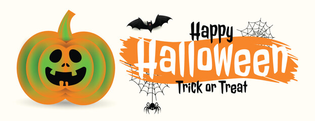 Social Media cover, Header and Website Banner for Halloween Celebration Party with Pumpkin and bat illustration on White Background, Editable Design for Event Advertisement, Online banner Ads