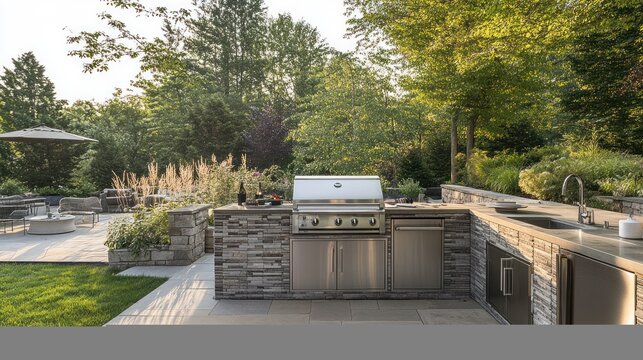 A modern outdoor kitchen on a stone patio, with a built-in stainless steel grill, a sink, and ready for entertaining, luxury outdoor living, clean and sleek, late afternoon light