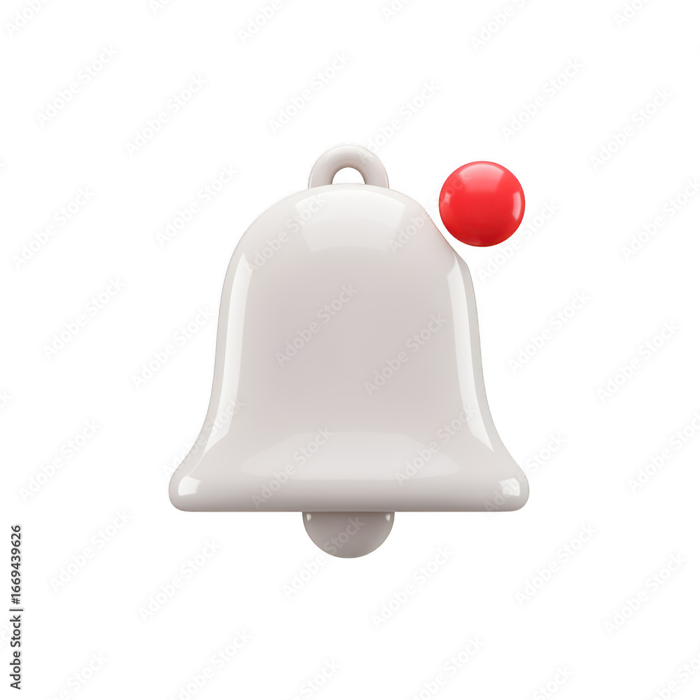 Poster white notification bell with red alert dot isolated on transparent background