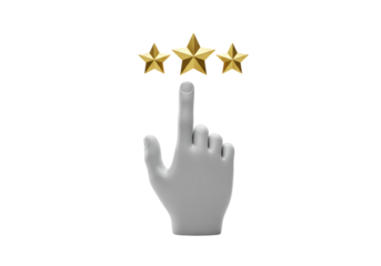 Isolated mockup: Hand pointing at three golden stars. Rate, success, award, level