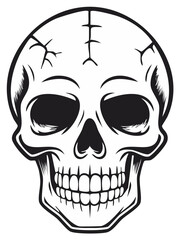 Obraz premium Spooky skull illustration with cracks and dark eye sockets in black and white, skeleton face symbol, skull and crossbones.